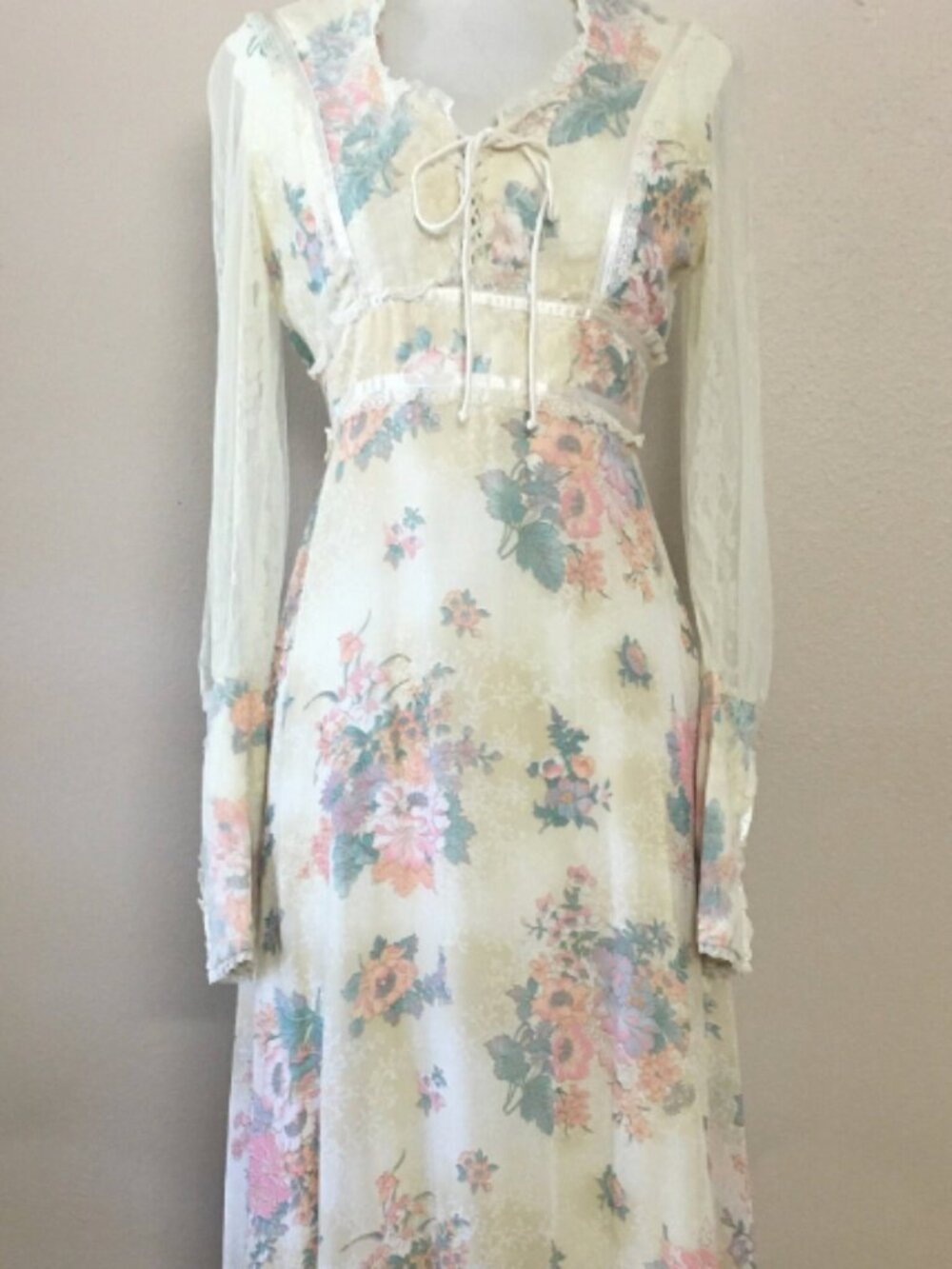 Vintage Floral Lace Sheer Long Sleeve Hippy Prairie Ruffle Maxi Dress Gunne Sax